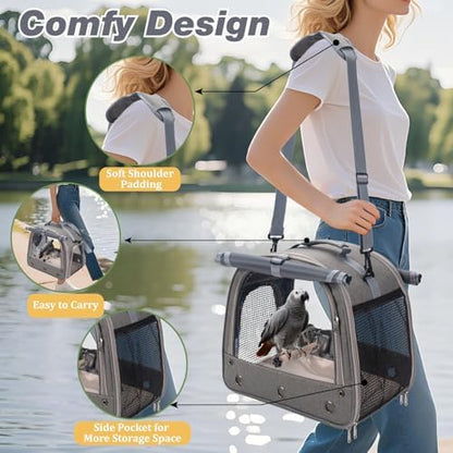 Bird Carrier Parrot Travel Cage with Perch, Food Bowl, Tray and Breathable Clear Window, Bird Travel Bag for African Gray Cockatiel Caique Conure Quaker, for Vetting Camping Hiking (Gray)