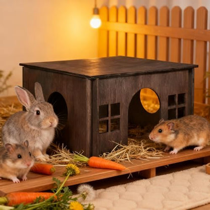 Wooden Guinea Pig Hideout, Guinea Pig House Small Rabbit,Hideout with Multiple Windows, Small Animal House Bunny House Hideaway Castle Habitat for Guinea Pigs, Hamster, Chinchilla