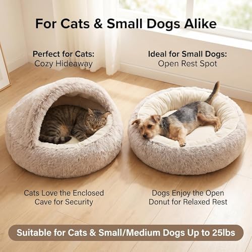 2-in-1 Convertible Cat & Dog Bed Cave with Removable Zipper Hood, Converts to Calming Donut Bed, Reversible Plush & Cooling Ice Silk Cushion (Coffee Color, 28 in Large Size)