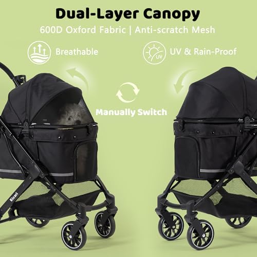 All-Terrain Dog Stroller for Small to Medium Dogs, Pet Stroller for Dogs & Cats Outdoor Walks, One-Hand Easy Fold, Double-Layer Anti-UV & Waterproof Canopy & Breathable Mesh, Samurai Black