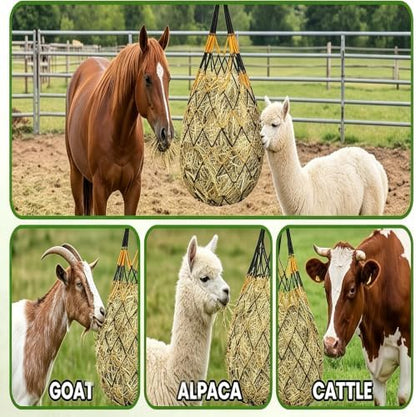 Hay Bags for Horses 2 Pack, 40 Inch Slow Feed Hay Net for Goats Sheep Livestock, Durable Mesh Hay Feeder Bag with Carabiners & Gloves, Hanging Hay Nets for Stall Trailer Pasture