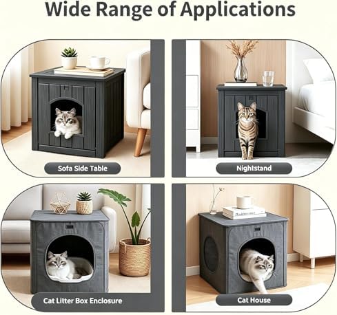 NUNU LAB Hidden Cat Litter Box Enclosure Furniture, Weatherproof Litter Box Side Table with Openable Front Door, Odor-Free & Easy Clean Cat House Cabinet for Indoor Bedroom & Outdoor Patio, Black