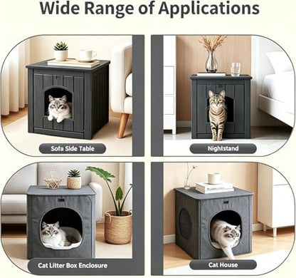 NUNU LAB Hidden Cat Litter Box Enclosure Furniture, Weatherproof Litter Box Side Table with Openable Front Door, Odor-Free & Easy Clean Cat House Cabinet for Indoor Bedroom & Outdoor Patio, Black