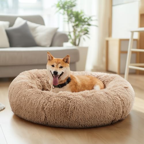 DUMOS 37.4 Inch Large Donut Dog Bed for Indoor Use, Fluffy Faux Fur Plush