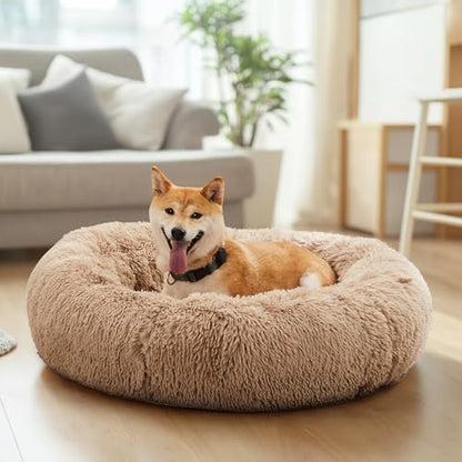 DUMOS 37.4 Inch Large Donut Dog Bed for Indoor Use, Fluffy Faux Fur Plush