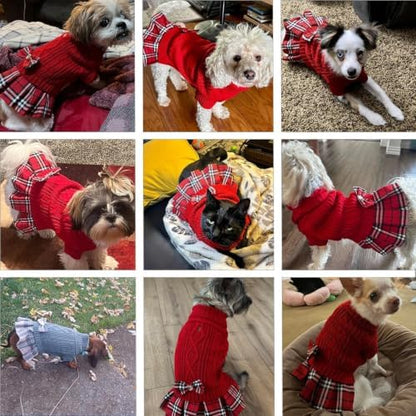 YUDODO Small Dog Sweater Dress with Bowtie Turtleneck - Knitted Pet Clothes