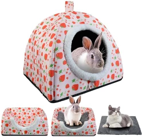 Warm Rabbit Hideout, Washable Strawberry Fleece Hut for Guinea Pigs