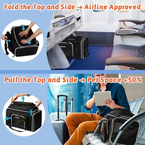 Petskd Top and Side Expandable Small Pet Carrier Airline Approved, Black