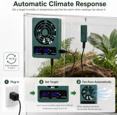 Reptile Ventilation Fan, Auto Temperature/Thermometer Control LED Digital Humidity Gauge, °C/°F Switchable Dehumidifier for Reptile Tank, Rainforest, Ecological Pet Rearing Box