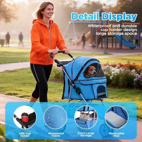 BestOffice Pet Stroller for Small Medium Dogs & Cats, 3-Wheel Foldable Dog Stroller with Cup Holder, Lightweight Travel Carrier, Waterproof Design for Outdoor Walks, Blue