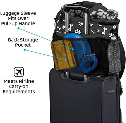 Week Away Dog Travel Bag (15"x7"x14", Paw Print) - Includes 2 Pet Food Storage Containers + 2 Collapsible Dog Water Bowls - Airline Approved Travel Accessories, Great for Weekend Trips