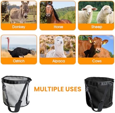 Horse Feed Bag, 2 Pack Heavy Duty Nylon Muzzle Grain Feed Bag with Adjustable Elastic Strap, Mesh Feed Bags with Durable Waterproof Bottom Muzzle Comfort Neck Pad for Horse