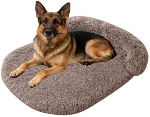 Orthopedic Dog Bed with Egg-Crate Base, Calming Dog Beds Fluffy Plush Faux Fur with Raised Edges, Spine Friendly Pet Sleeping Mat for Medium Large Dogs, Machine Washable (Oval, Brown 40"x30")