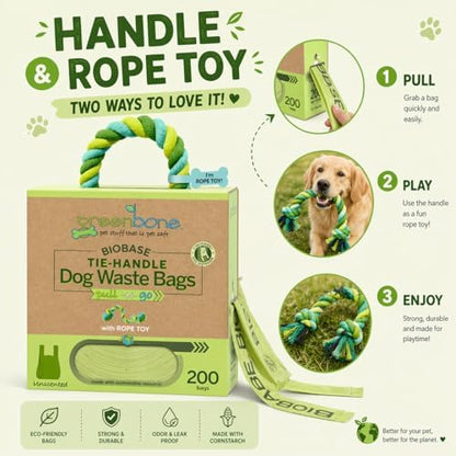 Greenbone Poop Bags for Dogs with Handles Unscented with Bonus Rope Pet Toy, 200 Count on Single Roll, Plant Based