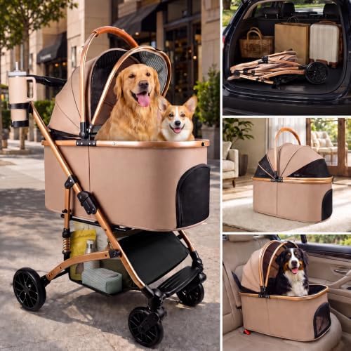 Heavy Duty Pet Stroller, 3-in-1 Dog & Cat Stroller with Detachable Carrier & Car Seat, 132 lbs Capacity for 1 Large/2 Medium Pets, Aluminum Alloy Frame, Shock Absorption, One-Touch Dual Brake, Khaki