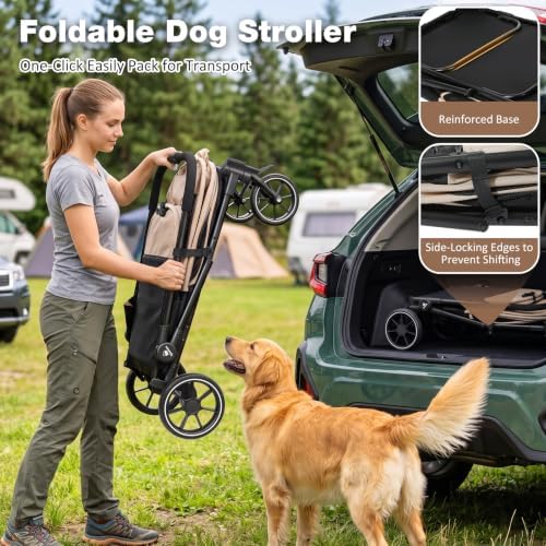 Dog Stroller for Medium Dogs 88lbs with Ramp for Easy Access Foldable Khaki