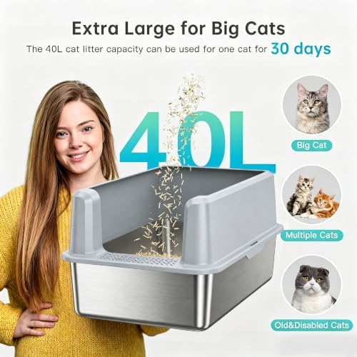 WoofiGo XL Stainless Steel Litter Box, High Sided Litter Pan for Big Cats