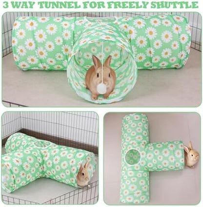 BWOGUE Bunny Tunnels & Tubes, 3-Way Collapsible Rabbit Hideout for Bunnies