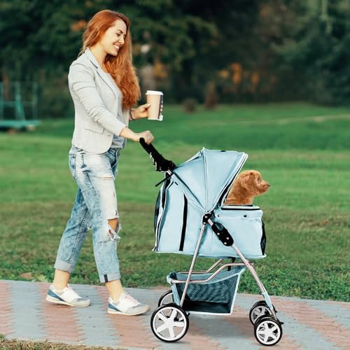 4-Wheel Pet Stroller for Small Dogs and Cats, Up to 33 lb, Blue