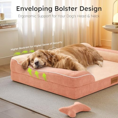 CWAWZ Jumbo Dog Bed for Extra Large Dogs, Orthopedic Dog Bed with Cooling Gel Memory Foam, Waterproof Pet Bed with Removable Washable Cover, 45" Pet Sofa Couch Dutch Velvet with Bone Toy, Peach Pink