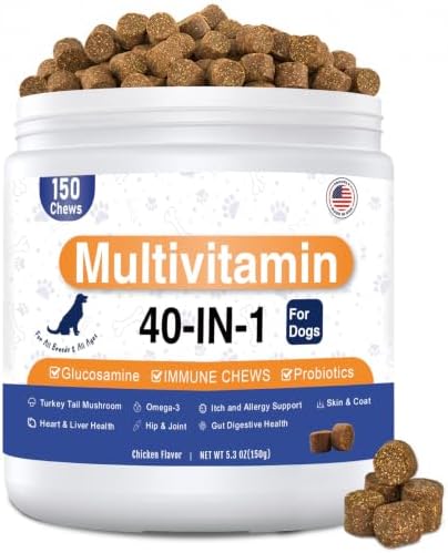 Dog Multivitamin Chews 150ct 40-in-1 Dog Vitamins and Supplements Chewable Contain Probiotics Omega-3 Glucosamine, Multivitamin for Dogs Skin Coat Heart Joint Liver Brain Eyes Immune Support