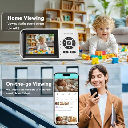 ebemate AI Baby Monitor with 1500ft Range, 2.8" Screen, Watch Viewing, Secure FHSS, Local SD & Cloud Storage, AI Cry Detection, Two-Way Talk, Private Infant Safety Camera EBES28-blk