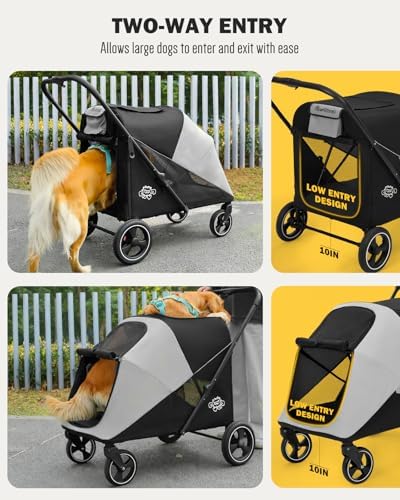 Dog Stroller for Large & Medium Dogs, 4 Wheels Pet Stroller for Large Dogs up to 120lbs, Extra Large Dog Stroller with Foldable Design, Sun Shades, Storage Pocket, Breathable Mesh