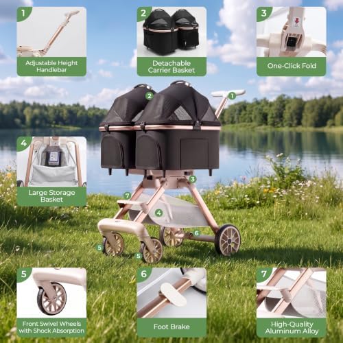Double Pet Stroller with Detachable Carriers,Ideal for 2 Dogs or Cats,Double Dog Stroller with Small/Medium Pets,Black