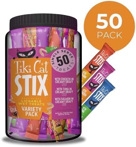 Tiki Cat Stix Wet Cat Treats, Variety Mega Jar, 0.5 oz. Servings, 50 Count