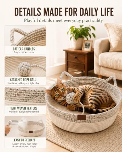 Cat Bed Handwoven Rope Basket Instinct for Indoor Cotton Natural Woven Hanging Scratcher Cushion Sleep Scratch Play Scratching Round Toy BEF Holder