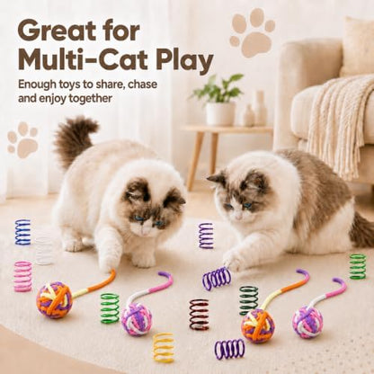 Cat Toys for Indoor Cats, 4 Yarn Balls with Tails & 12 Colorful Springs