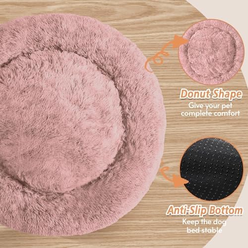JOLLYVOGUE Calming Dog Beds Large Sized Dog, 36in Donut Washable Large Pet Bed, Anti-Slip & Anti-Anxiety Fluffy Faux Fur Round Dogs Bed, Fits up to 80 lbs Pets (Dark Pink)