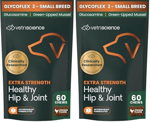VetriScience Extra Strength Healthy Hip & Joint-Chews, GlycoFlex Glucosamine & Green-Lipped Mussel Joint Support Supplement for Small Breed Dogs,Soothe Joint Discomfort,Chicken 60 Count(Pack of 2)