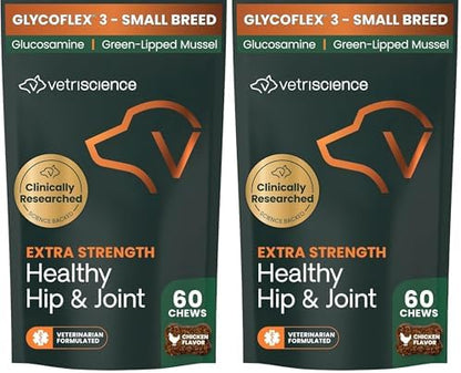 VetriScience Extra Strength Healthy Hip & Joint-Chews, GlycoFlex Glucosamine & Green-Lipped Mussel Joint Support Supplement for Small Breed Dogs,Soothe Joint Discomfort,Chicken 60 Count(Pack of 2)