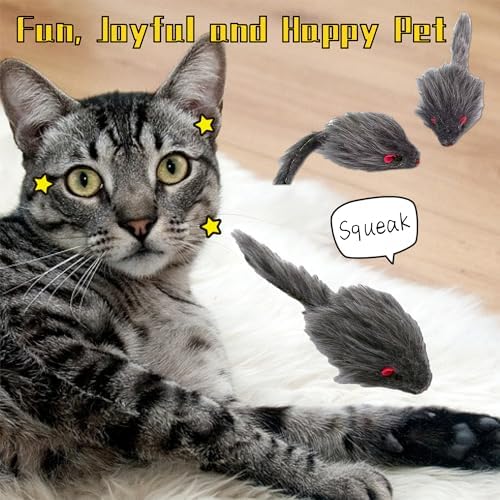 Cat Toys, 5 Pack Faux Fur Cat Mouse Toy, Interactive Cat Toy 6.3” Realistic Size Grey Furry Rattle Mouse Without Catnip Kitten Mice Toy for Bored Indoor Adult Cat, Feline Chew Toy Self Play