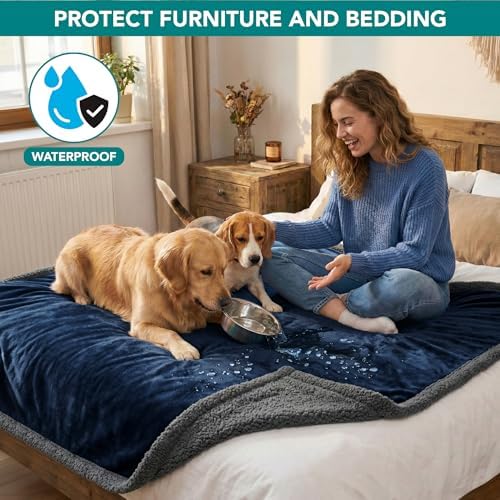 PetAmi Waterproof Dog Blanket for Large Dog Pet, 90x90 Queen, Blue Grey