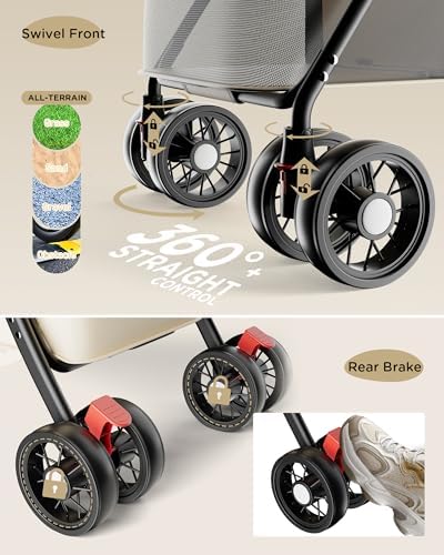 GTPLAYER Foldable Pet Stroller for Small Dogs and Cats, Holds Up to 33 lb, 4-Wheel Stroller with 2 Safety Tethers, Breathable Mesh, Lockable Front Wheels, Cup Holder/Tray & Storage Pocket, Cream