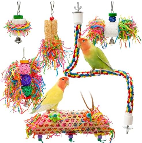 6PCS Bird Parrot Foraging Toys with Rope Perch Parakeet Chewing Hanging Toy Shredded Paper Cage Accessories for Small Parrots Parakeets Conures Cockatiels Love Birds Cage Toy