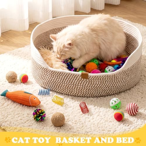 Leitee 40 Pcs Cat Toys with Cat Bed Storage Basket, White,Yellow