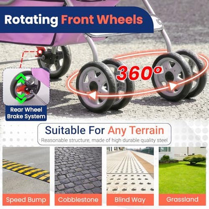 BestPet | 4-Wheel Foldable Pet Stroller | Pink | Lightweight & Portable