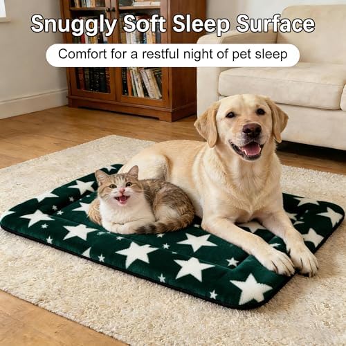 Dog Bed Mat – Soft & Comfortable Dog Kennel Pad for Crate – Durable Crate Bed & Mat for Dogs & Cats – Ideal for Crate, Kennel, and Home Use (Big&Little Stars Green, L(35"*23"*1.5"))