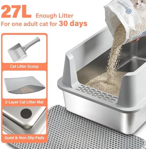 Stainless Steel Cat Litter Box with Lid, XL Metal Litter Box, Extra Large Litterbox for Big Cats, High Sided | Easy Cleaning | Odor-Free Includes Scoop and Mat