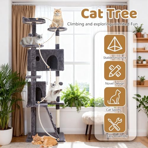 BestOffice 70 Inch Cat Tree, Multi-Level Cat Tower with Condo, Perches, Sisal Scratching Posts, Climbing Ladder,Indoor Activity Center Play House for Kittens & Adult Cats, Light Gray