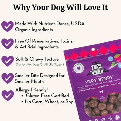 Lord Jameson Very Berry Soft & Chewy Certified Organic Dog Treats for Small Breeds - Antioxidant-Rich Blueberries & Strawberries - No-Bake Recipe, Gluten-Free, Preservative-Free - Made In USA - 3 oz
