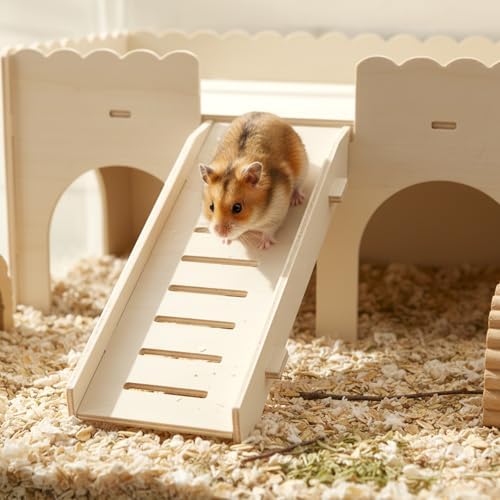 Wooden Hamster Hideout, Upgraded Guinea Pig Castle with Ramp, Multi Hole Guinea Pig Maze House for Hamster, Gerbil and Hedgehog Rat Small Animals
