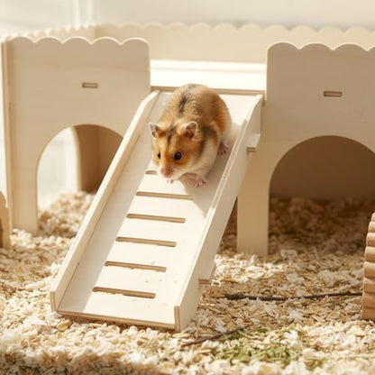 Wooden Hamster Hideout, Upgraded Guinea Pig Castle with Ramp, Multi Hole Guinea Pig Maze House for Hamster, Gerbil and Hedgehog Rat Small Animals