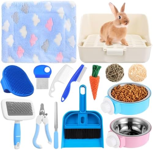 Reallnaive 15 Pcs Rabbit Starter Kit Small Rabbit Litter Box Girls Gift Animal Grooming Kit Bunny Toys Bowl Blankets with Cleaning Set for Guinea Pig Accessories(Multicolor)