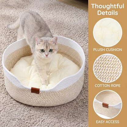 Cat Basket with Cushion, 20 Inch Cotton Rope Pet Sleeping Bed