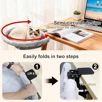 Adjustable Cat Desk Bed, 40cm Round Elevated Cat Hammock with Sturdy Metal Frame, Removable Plush Cushion, Cats Desks Hammock Cats Desk Perch for Home Office Desk