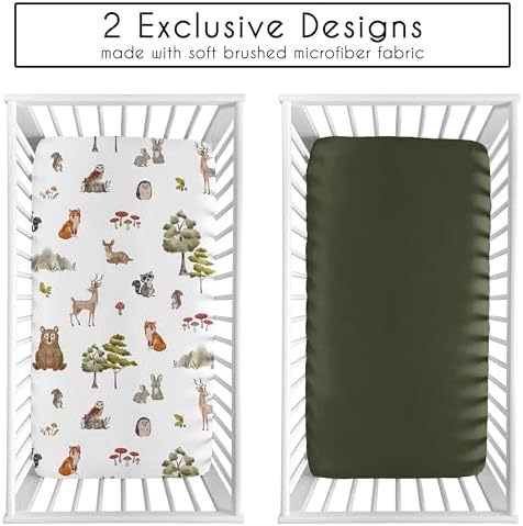 Sweet Jojo Designs 2-Piece Baby Crib Sheets Set (Woodland Animals) for Boys or Girls, Infant Nursery, Toddler Room - Standard Size (Forest Animal Friends, Neutral, Bear, Hedgehog, Fox, Dark Green)